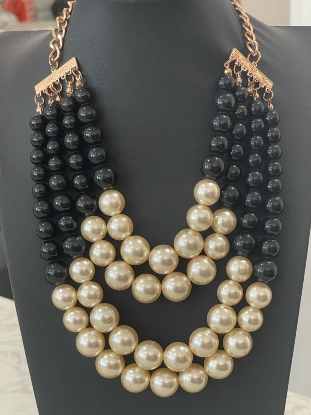 Chico's Black and Cream Multi-Strand Pearl Statement Necklace